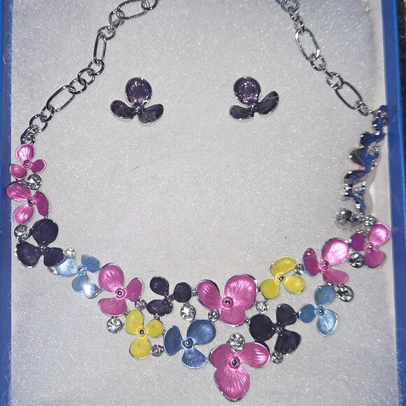 Floral and Jewels pink, blue, purple and yellow tones with purple earings - Picture 1 of 5